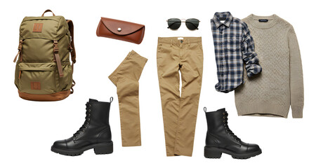 LIFESTYLE - Casual fall outfit flat lay with khaki pants, plaid shirt, knitted sweater, black boots and olive green backpack