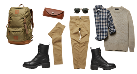 LIFESTYLE - Casual fall outfit flat lay with khaki pants, plaid shirt, knitted sweater, black boots and olive green backpack