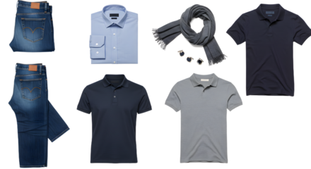 LIFESTYLE - Casual men's clothing collection including jeans, polo shirts, dress shirts, and a scarf isolated on white background