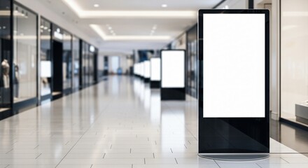 Modern digital display screen in bright, clean shopping mall hallway