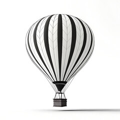 Obraz premium A striking black and white striped hot air balloon with a rustic wicker basket hangs suspended against a clean white background casting a subtle shadow