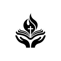 Christian symbol of open bible with cross and flames held by hands isolated on white background