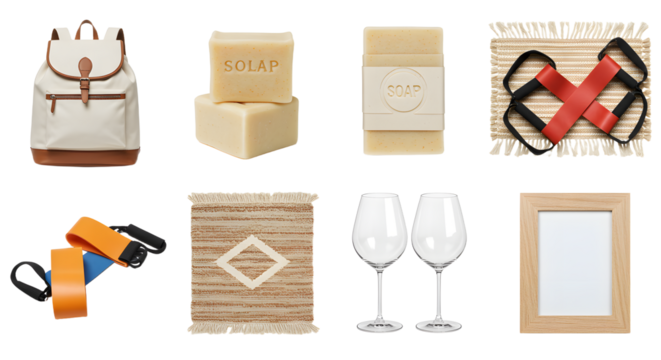 LIFESTYLE - Eco-friendly travel essentials including backpack, natural soap bars, face mask, luggage tags, straw mats, wine glasses, and wooden picture frame on white background