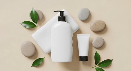 Natural skincare essentials with smooth stones and green leaves