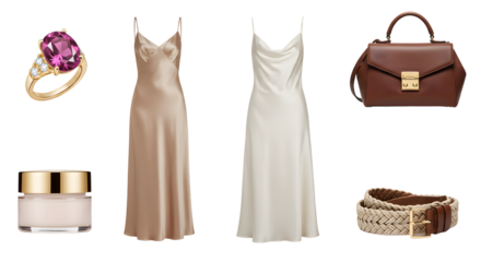 LIFESTYLE - Elegant satin slip dresses in nude and white with luxury accessories including gemstone ring, leather handbag, braided belt, and skincare cream jar