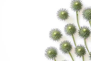Obraz premium Arrangement of green globe thistles with stems displayed on a white background.