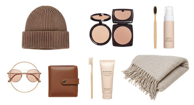 LIFESTYLE - Flat lay of brown winter accessories and beige makeup items including beanie, sunglasses, wallet, compact powder, brush, foundation, cream tube, and fringed scarf on white background