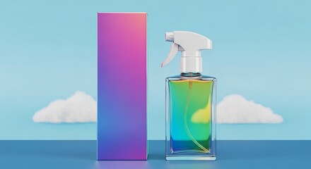 Stunning spray bottle with colorful liquid and packaging