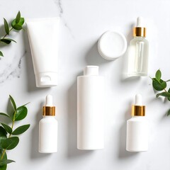 Flat lay of white beauty products on marble