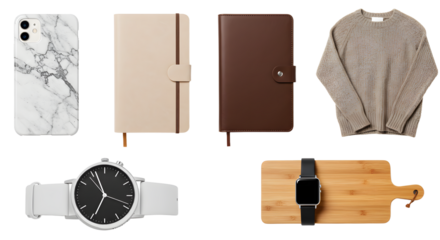 LIFESTYLE - Flat lay of marble phone case, beige and brown leather notebooks, gray sweater, black wristwatch, and smartwatch on bamboo board