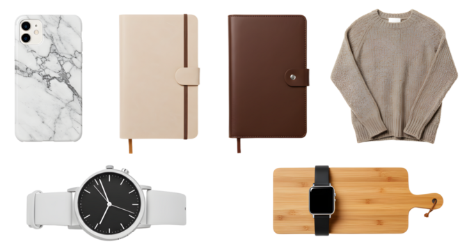 LIFESTYLE - Flat lay of marble phone case, beige and brown leather notebooks, gray sweater, black wristwatch, and smartwatch on bamboo board
