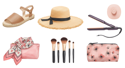 LIFESTYLE - Flat lay of stylish summer accessories including espadrille sandals, straw hat, flat iron, makeup brushes, scarf, and floral travel pouch on white background