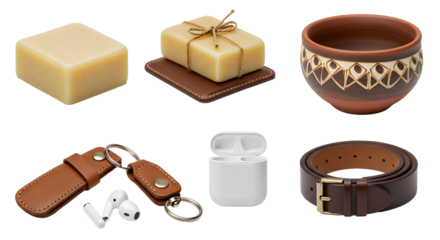 LIFESTYLE - Handmade soap bars, terracotta bowl, leather keychain with AirPods case, and leather belt showcasing artisan craftsmanship and natural materials