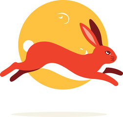 Red rabbit running against a yellow moon background