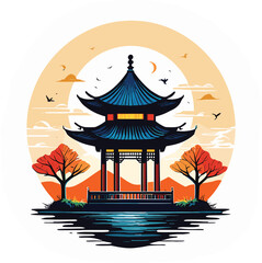 Serene Asian Pagoda by Water with Autumn Trees