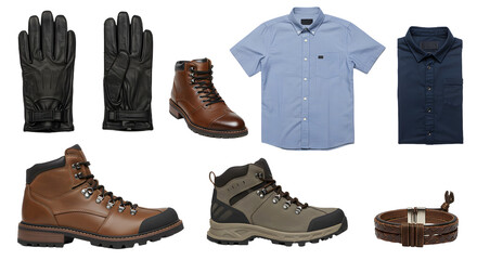 LIFESTYLE - Men's casual and outdoor apparel set including leather gloves, boots, short sleeve shirts, and a brown leather belt isolated on white background