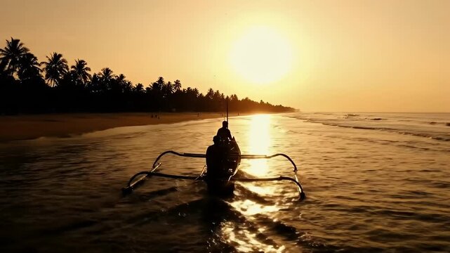 Fisherman heading out to sea on his traditional outrigger canoe at sunrise on a tropical beach