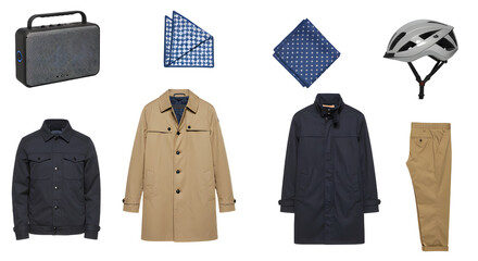 Naklejka premium LIFESTYLE - Men's fashion collection including jacket, trench coat, raincoat, trousers, helmet, and patterned neckerchiefs isolated on white