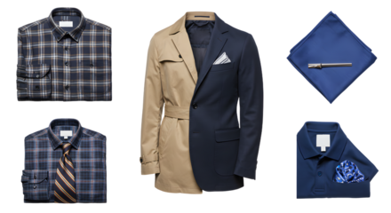 LIFESTYLE - Stylish men's clothing collection featuring plaid shirts, ties, trench coat with blazer, and pocket squares for modern fashion and business casual looks