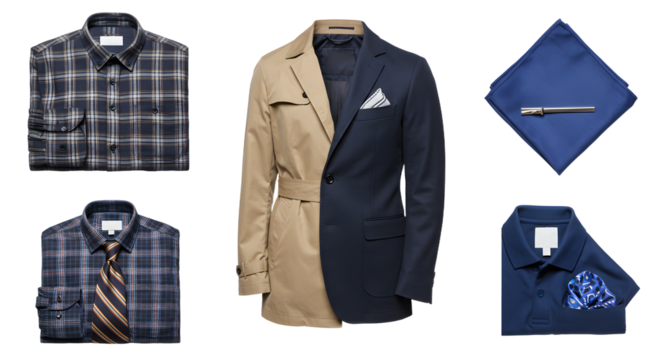 LIFESTYLE - Stylish men's clothing collection featuring plaid shirts, ties, trench coat with blazer, and pocket squares for modern fashion and business casual looks