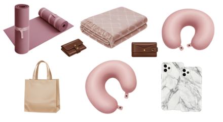 LIFESTYLE - Travel essentials set with pink travel pillow, yoga mat, quilted blanket, tote bag, chocolate, wallet, and phone cases on white background