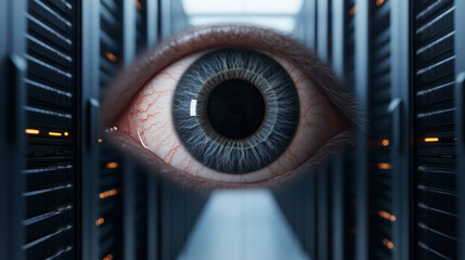 Surreal Concept of Surveillance with Eye in Data Center Surrounded by Server Racks