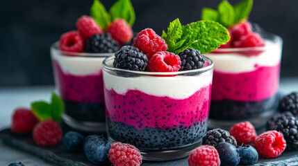 Bright and Colorful Layered Dessert with Berries and Cream in Elegant Glass Cups