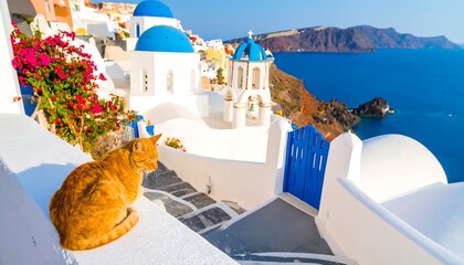 Obraz premium Cat on mediterranean village view