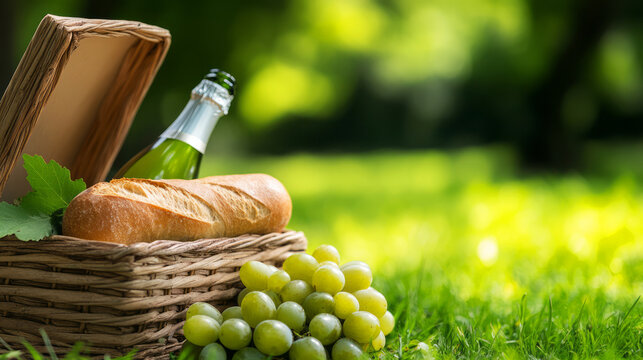 Fresh Picnic Basket with Baguette, Grapes, and Sparkling Drink in Scenic Outdoor Setting