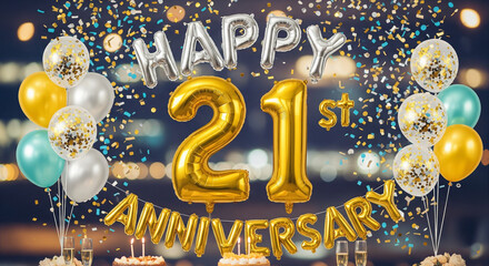 Happy 21st Anniversary Display with Golden Number Balloons, Silver Letters, Confetti, and Elegant Celebration Elements.