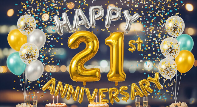 Happy 21st Anniversary Display with Golden Number Balloons, Silver Letters, Confetti, and Elegant Celebration Elements.
