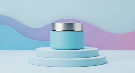 Serene blue cosmetic jar on display pedestal, soft pastel background
