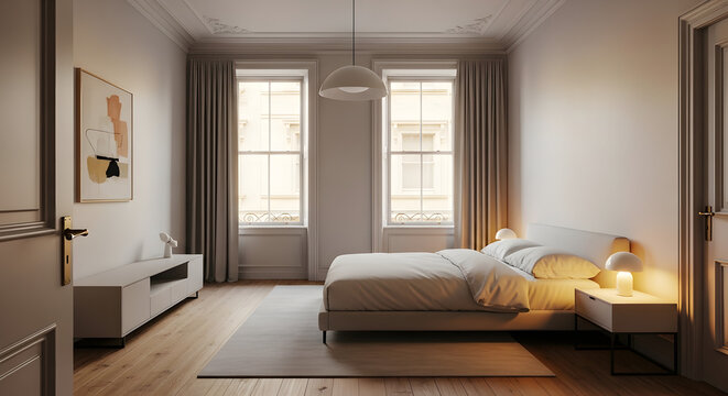Elegant minimalist bedroom with classic molding tall sash windows and warm cozy ambient lighting.