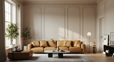 Fototapeta premium Elegant modern classic living room with a plush tan leather sofa and ornate wall molding.