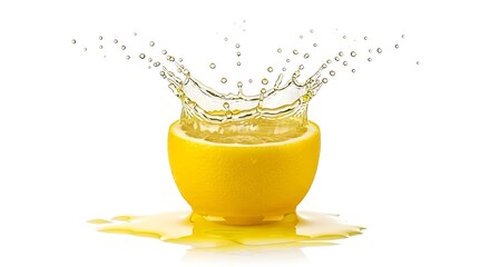 Dynamic Splash of Zesty Lemon Juice from a Fresh Half-Cut Fruit, Isolated on White Background