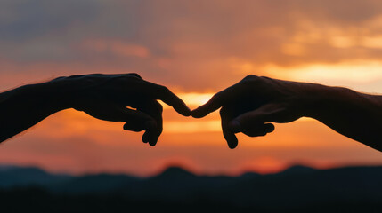 Image captures two hands reaching towards each other against stunning sunset backdrop, symbolizing connection and intimacy. warm colors of sky enhance emotional depth of moment