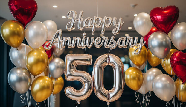 Elegant 50th Anniversary Celebration with Sparkling Gold, Silver, and Red Balloons and Decorative Foil Letters