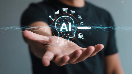 a digital human head silhouette with the letters 'AI' inside. Surrounding head are interconnected futuristic icons created with generative ai