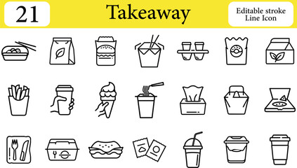 Collection of 21 takeaway food and drink icons, including burgers, fries, coffee cups, sushi, noodles, and ice cream, isolated on a white background