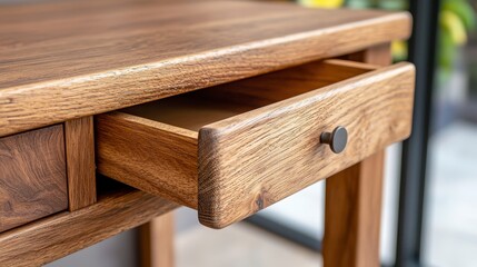 Detailed Wooden Desk with Open Drawer Showing Natural Wood Grains Studio Shot