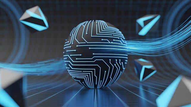 futuristic digital sphere, glowing circuit ball, abstract technology background, cyber network sphere, digital data flow concept, high tech 3d illustration, virtual reality design, Generative AI