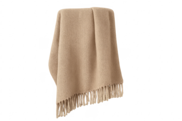 Beige knitted blanket hanging with transparent background