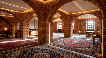 Expansive interior featuring red brick vaulted arches integrated LED strip lighting and multiple ornate oriental rugs.