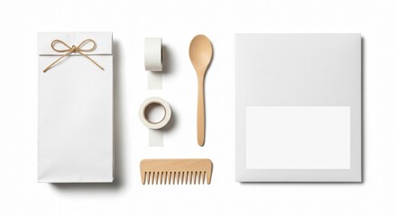Minimalist flat lay of packaging, spoon, comb, and tape