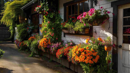 Naklejka premium Vibrant display of colorful flowers adorns exterior of charming building, showcasing variety of blooms in hanging baskets and window boxes. scene evokes sense of warmth and tranquility