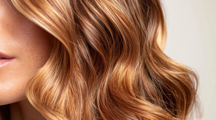 Fototapeta premium Luxurious wavy hair with rich golden and copper tones, showcasing vibrant and healthy appearance. soft curls create sense of elegance and beauty