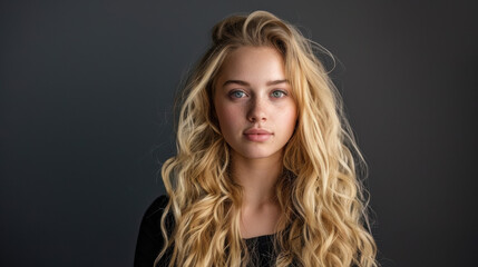 Young woman with long, wavy blonde hair and striking green eyes poses against dark background, exuding calm and confident expression