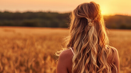 Woman with long, wavy hair stands in golden field during sunset, gazing at horizon. warm light creates serene and peaceful atmosphere, evoking feelings of tranquility and reflection
