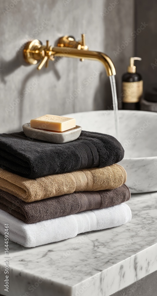 Poster a stack of neatly folded towels in various neutral colors rests on a marble sink's edge near a gold 