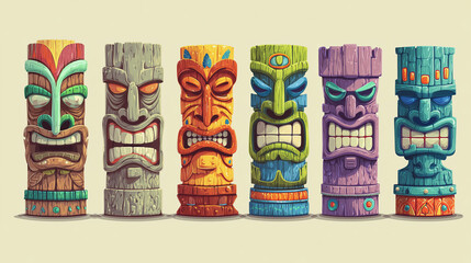 Colorful tiki totem poles expressing different emotions